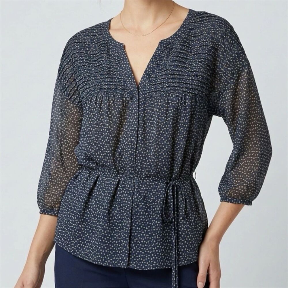 Zara Blouse Womens S Tie Waist Belt Blue Sheer career geometric retro boho Y2K